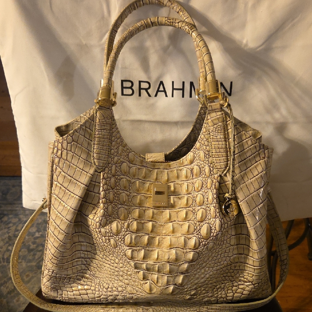 Brahmin Cream Crocodile Embossed Shoulder Bag